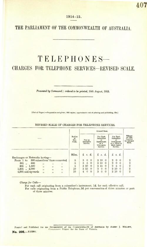 Telephones - charges for telephone services - revised scale - 1915