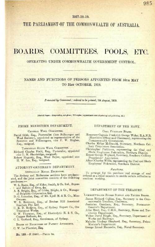 Boards, committees, pools, etc - operating under Commonwealth Government control - names and functions of persons appointed from 10th May to 31st October, 1919