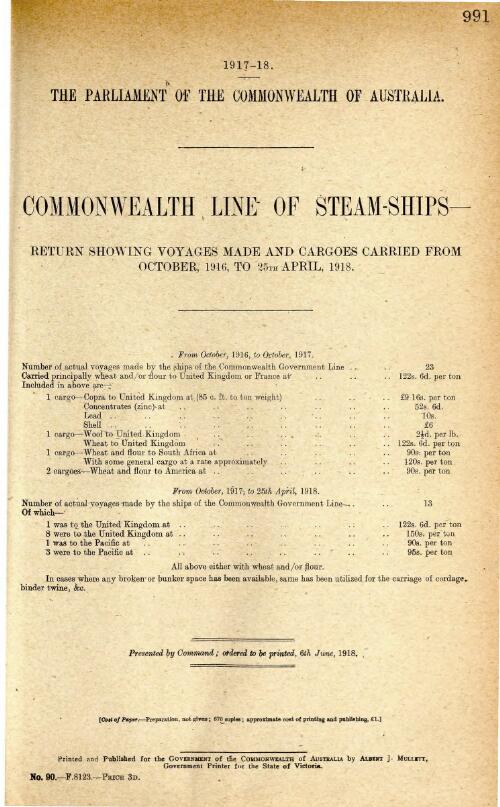 Commonwealth Line of steam-ships - return showing voyages made and cargoes carried from October, 1916, to 25th April, 1918