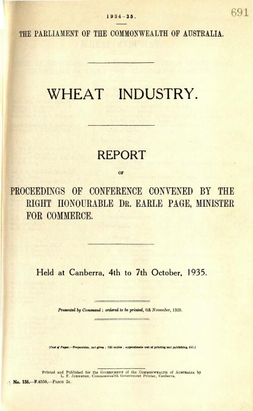Wheat industry : report of proceedings of conference convened by the Right Honourable Dr. Earle Page, Minister for Commerce, held at Canberra 4th to 7th October 1935