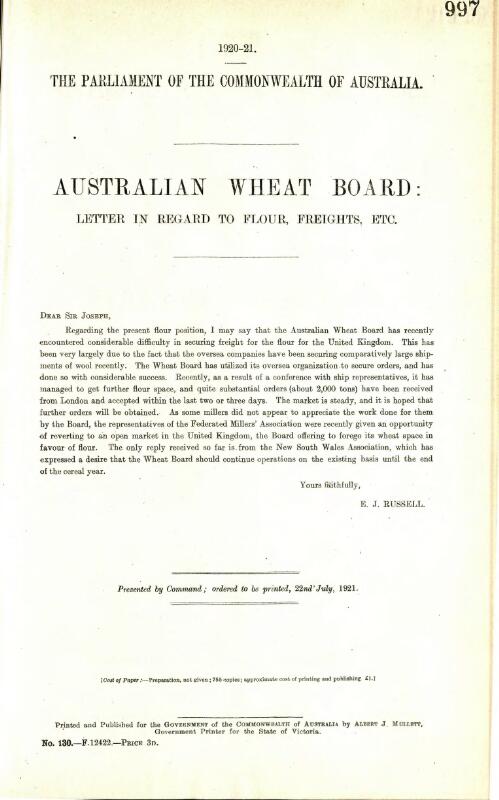 Wheat Board - Letter regarding flour, freights, etc - July 1921