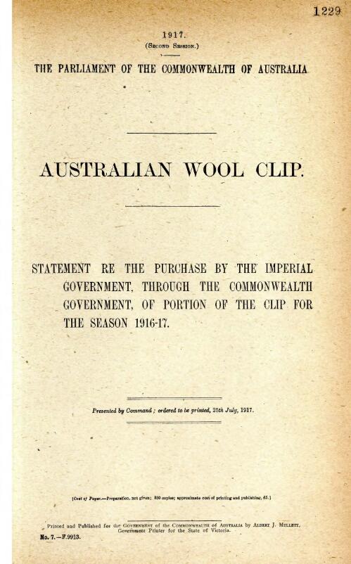 Australian wool clip : statement re the purchase by the Imperial Government, through the Commonwealth Government of portion of the clip for the season 1916-1917