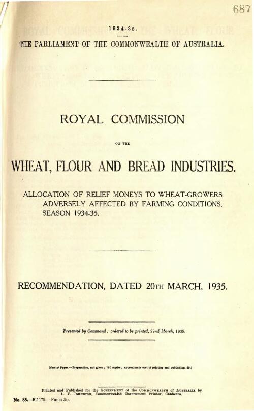 Royal Commission on the Wheat, Flour and Bread Industries : allocation of relief moneys to wheat-growers adversely affected by farming conditions, season 1934-35