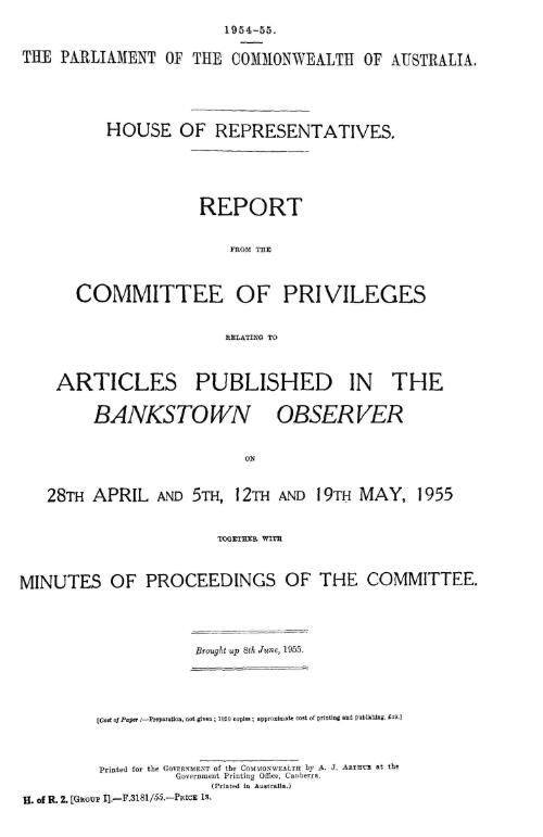 Report from the Committee of Privileges relating to articles published in the Bankstown Observer on 28th April and 5th, 12th and 19th May, 1955 together with minutes of proceedings of the Committee