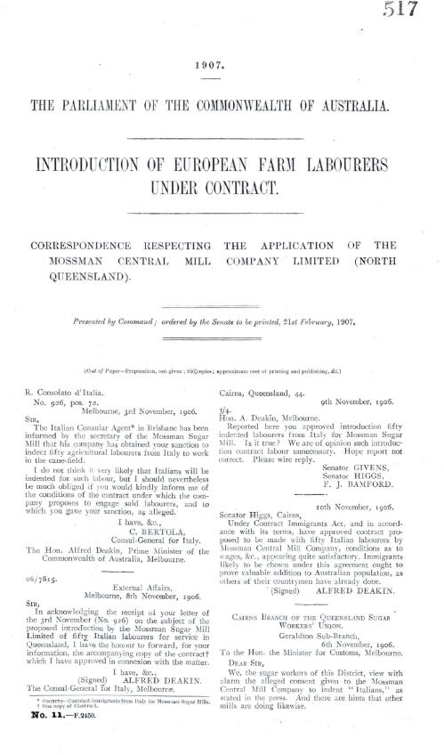 Introduction of European farm labourers under contract : correspondence respecting the application of the Mossman Central Mill Company Limited (North Queensland)