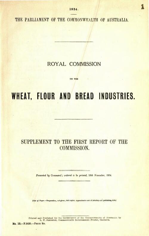 Royal Commission on the wheat, flour and bread industries : supplement to the first report of the commission