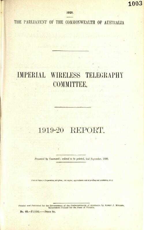 1919-20 report / Imperial Wireless Telegraphy Committee