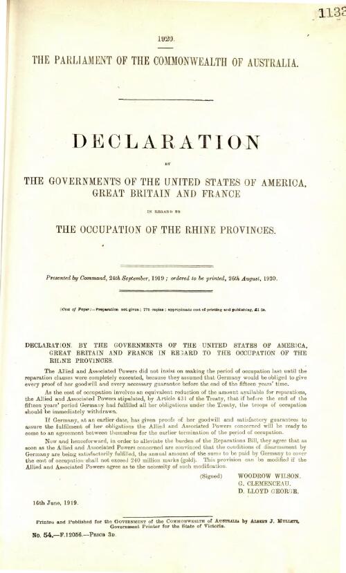 Declaration by the Governments of the United States of America, Great Britain, and France in regard to the occupation of the Rhine Provinces - August 1920