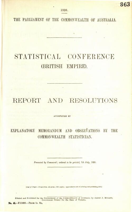 Statistical conference (British empire) : report and resolutions accompanied by Explanatory memorandum and observations by the Commonwealth Statistician