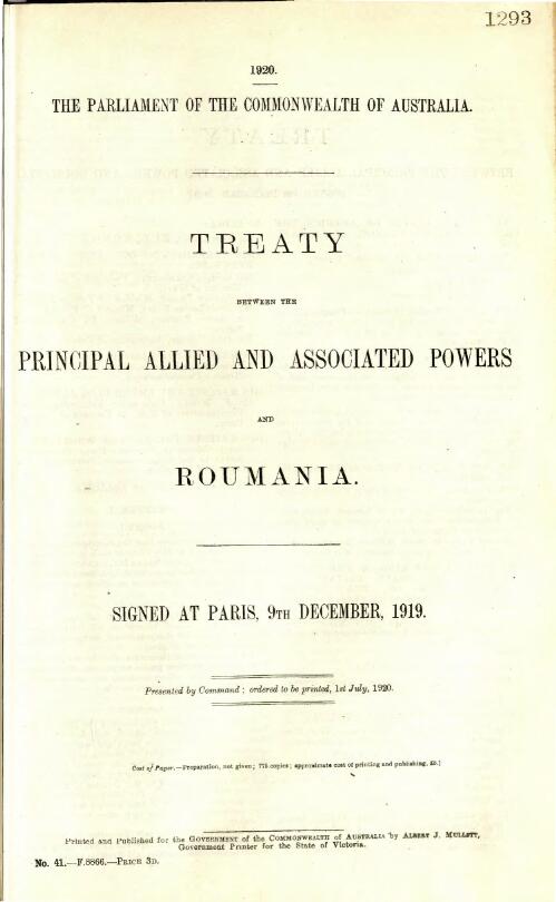 Treaty between the principal Allied and Associated Powers and Roumania : signed at Paris, 9th December, 1919
