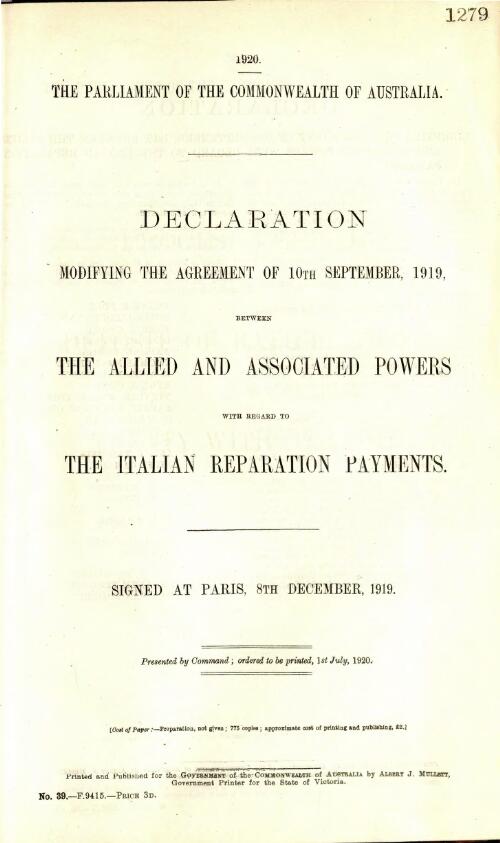 Declaration modifying the agreement of 10th September, 1919, between the Allied and Associated Powers with regard to the Italian reparation payments - signed at Paris, 8th December, 1919