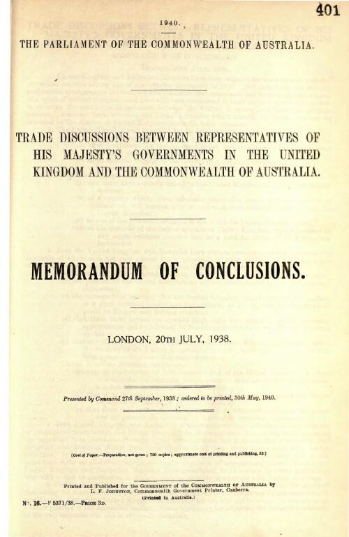 Trade discussions between representatives of His Majesty's governments in the United Kingdom and the Commonwealth of Australia : memorandum of conclusions : London, 20th July, 1938