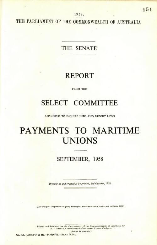 Report from the Select Committee appointed to inquire into and report upon Payments to Maritime Unions