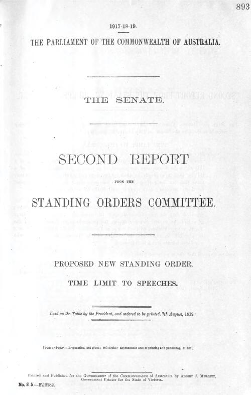 Second report from the Standing Orders Committee - Proposed new standing order - time limit to speeches - August, 1919