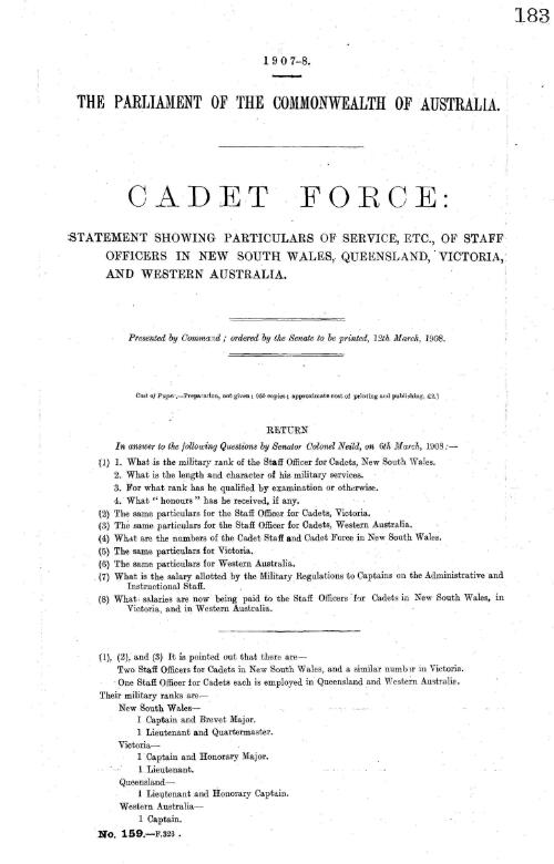 Cadet force : Statement showing particulars of service, etc., of staff officers in New South Wales, Queensland, Victoria, and Western Australia