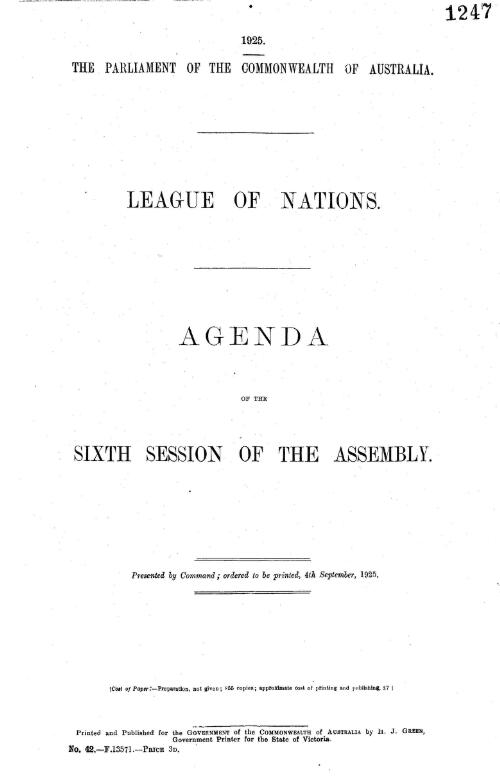 League of Nations - agenda of the sixth assembly - 1925
