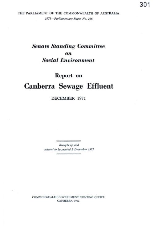 Report on Canberra sewage effluent / [issued by the] Senate Standing Committee on Social Environment