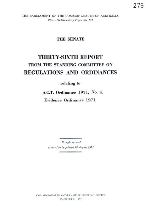 Thirty-sixth report from the Standing Committee on Regulations and Ordinances relating to A.C.T Ordinance 1971, no. 4, Evidence Ordinance 1971