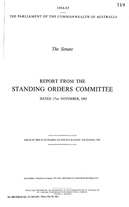 Senate - report from the Standing Orders Committee - dated 17th November, 1965