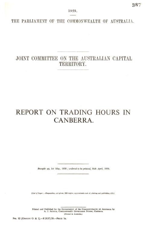 Report on trading hours in Canberra / Joint Committee on the Australian Capital Territory