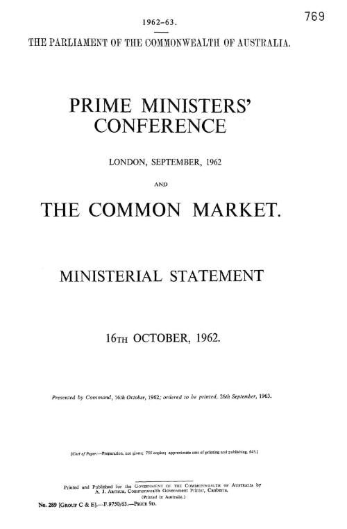 Prime Ministers' Conference, London, September, 1962 and the Common Market : Ministerial statement [by the Prime Minister], 16th October, 1962