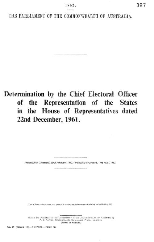 Determination made by the Chief Electoral Officer of the representation of the States in the House of Representatives dated 22 December, 1961 - 1962