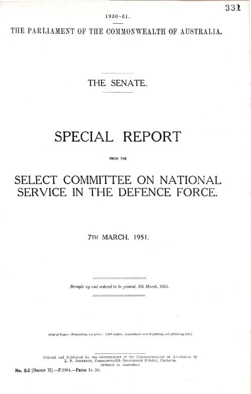 Special report from the Select Committee on National Service in the Defence Force / The Senate