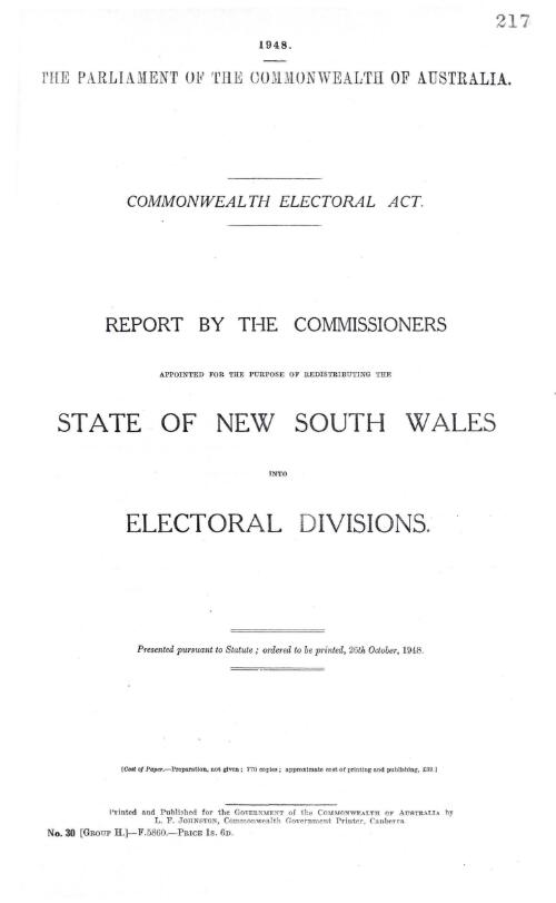 Report by the Commissioners appointed for the purpose of redistributing the state of New South Wales into electoral divisions