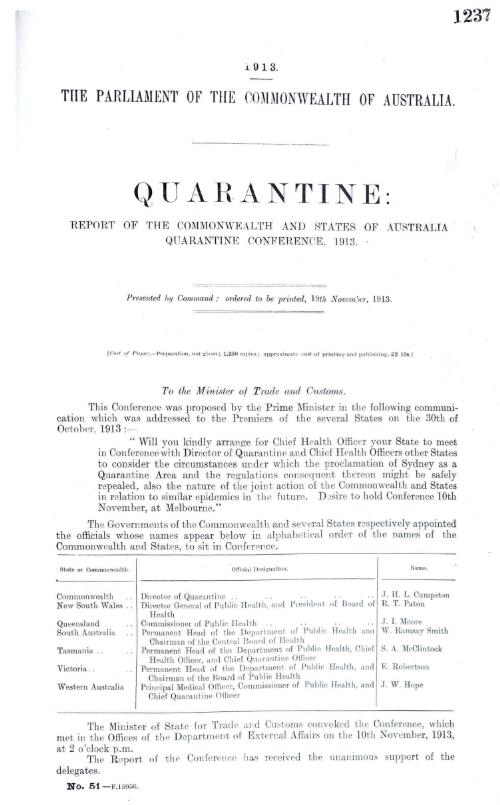 Quarantine - report of the Commonwealth and States of Australia Quarantine Conference, 1913