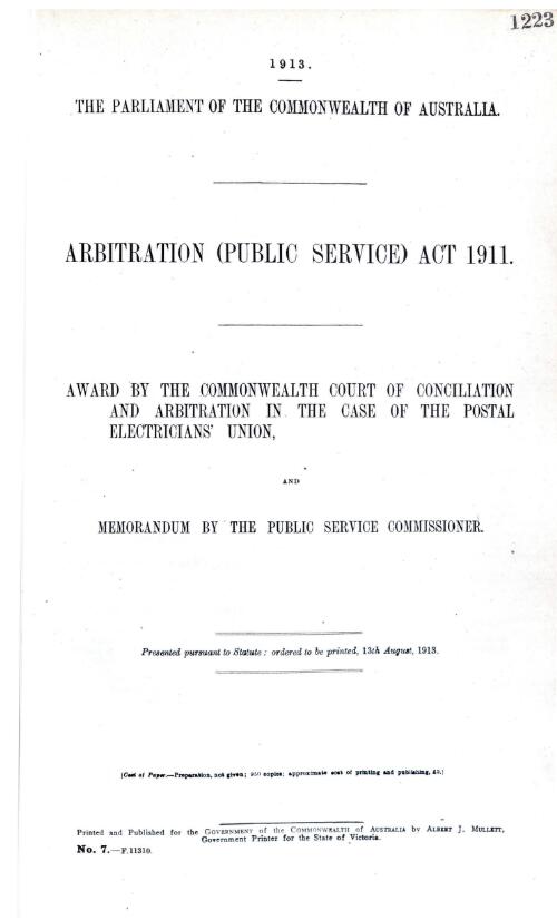 Arbitration (Public Service) Act 1911 - award by the Commonwealth Court of Conciliation and Arbitration in the case of the Postal Electricians' Union, and memorandum by the Public Service Commissioner - 1913