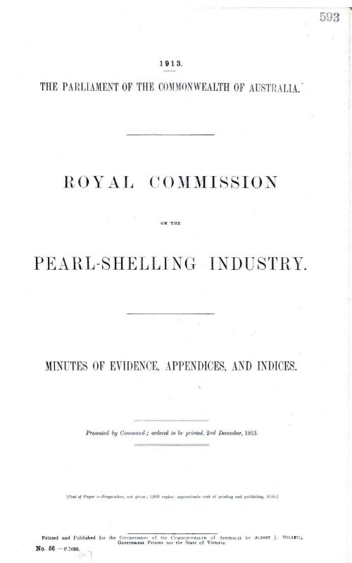 Royal Commission on the Pearl-Shelling Industry minutes of evidence, appendices and indices