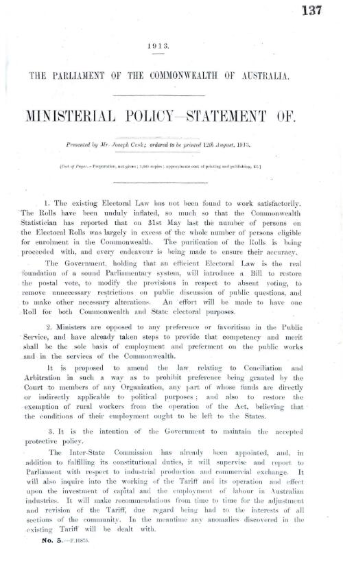Ministerial policy - statement of (1913) - 1913