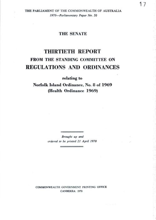 Thirtieth report from the Standing Committee on Regulations and Ordinances relating to Norfolk Island Ordinance, No. 8 of 1969 (Health Ordinance 1969)