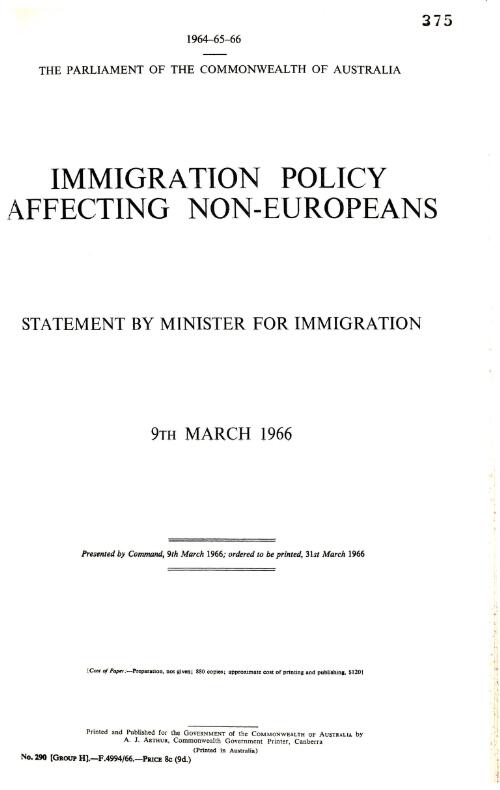 Immigration policy affecting non-Europeans : statement ... 9th March, 1966