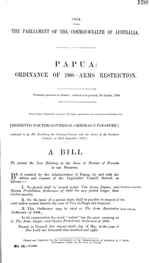 Papua : Ordinance of 1908 - Arms Restriction - 1908