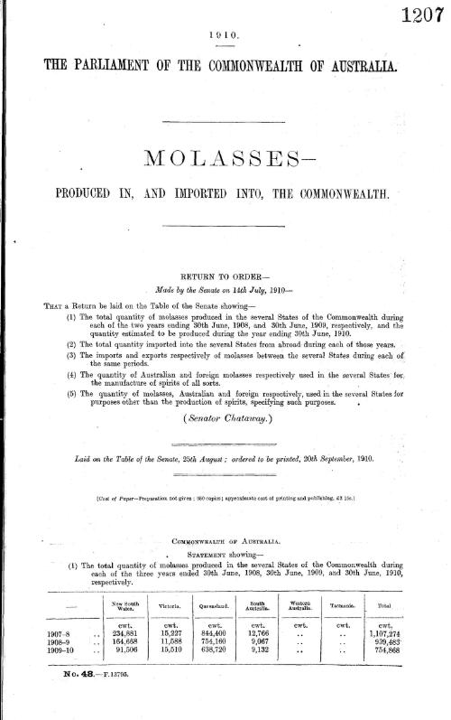 Molasses - produced in, and imported into, the Commonwealth - return to order - 1910