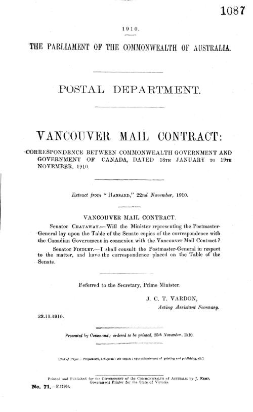 Vancouver mail contract : correspondencce between the Commonwealth ... and ... Canada ... Jan. to Nov. 1910