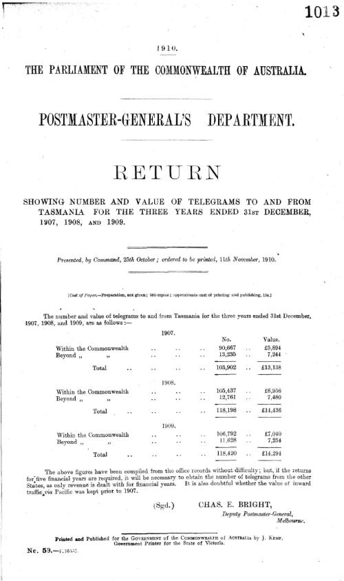 Postmaster-General's Department - return showing number and value of telegrams to and from Tasmania for the three years ended 31st December, 1907, 1908, and 1909 - 1910