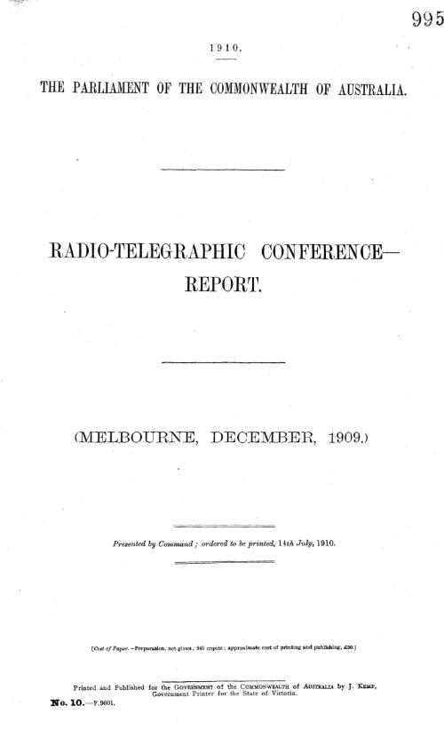 Radio-Telegraphic Conference - report - (Melbourne, December, 1909.) - 1910