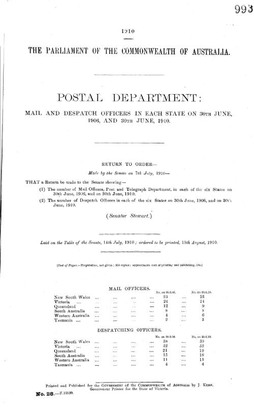 Postal Department : mail and despatch officers in each State on 30th June, 1906, and 30th June, 1910 - return to order - 1910