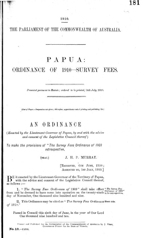 Papua: Ordinance of 1910 - survey fees - 1910
