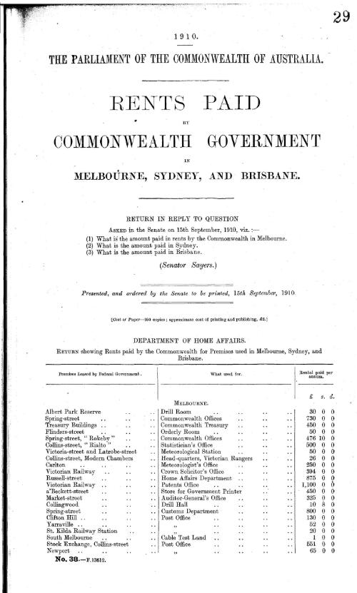 Rents paid by Commonwealth Government in Melbourne, Sydney, and Brisbane - return in reply to question asked in the Senate on 15th September, 1910, viz.: (1) what is the amount paid in rents by the Commonwealth in Melbourne - (2) what is the amount paid in Sydney - (3) what is the amount paid in Brisbane - (Senator Sayers.) - 1910