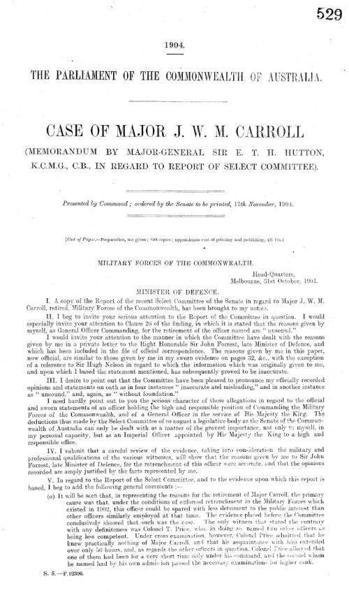 Case of Major J. W. M. Carroll - (memorandum by Major-General Sir E. T. H. Hutton, K.C.M.G., C.B., in regard to report of Select Committee) - 1904