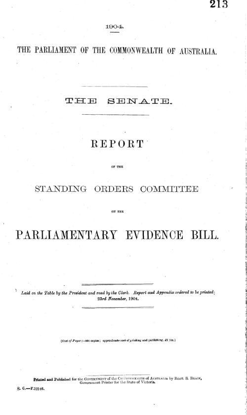 Senate - report of the Standing Orders Committee on the Parliamentary Evidence Bill - 1904