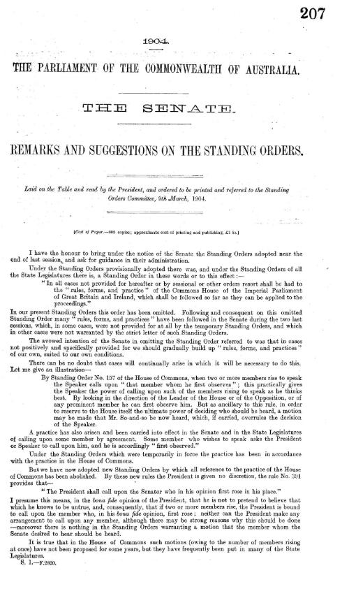 Senate - remarks and suggestions on the standing orders - 1904
