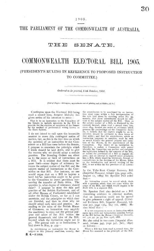 Senate - Commonwealth Electoral Bill 1905 - (President's ruling in reference to proposed instruction to committee.) - 1905