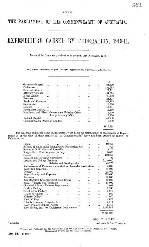 Expenditure caused by federation, 1910-11 - 1910