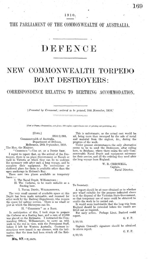 Defence - new Commonwealth torpedo boat destroyers : correspondence relating to berthing accommodation - 1910