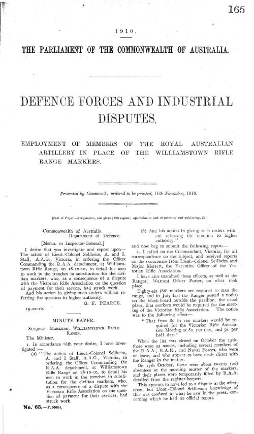 Defence forces and industrial disputes : employment of members of the Royal Australian Artillery in place of the Williamstown Rifle Range markers - 1910