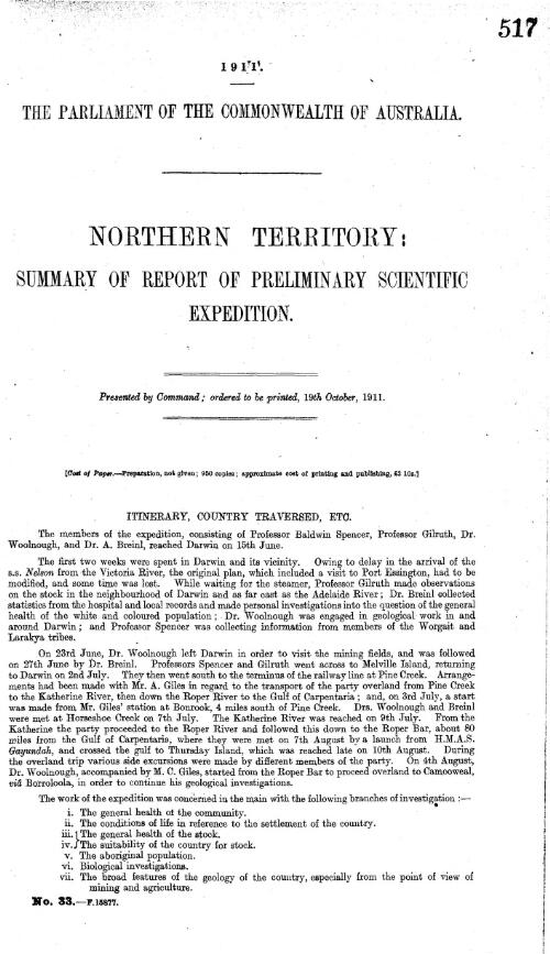 Northern Territory : Summary of report of preliminary scientific expedition